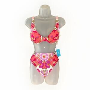 NWT Cupshe Two Piece Bikini Swimsuit Size Medium Floral Pink White